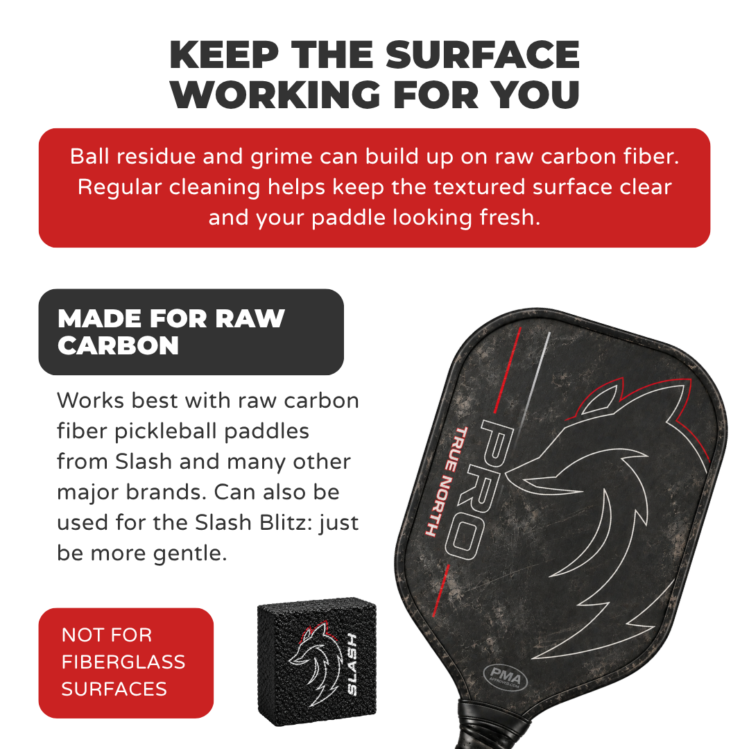 Slash Carbon Cleaner graphic explaining it is made for raw carbon paddles and is not for fiberglass surfaces