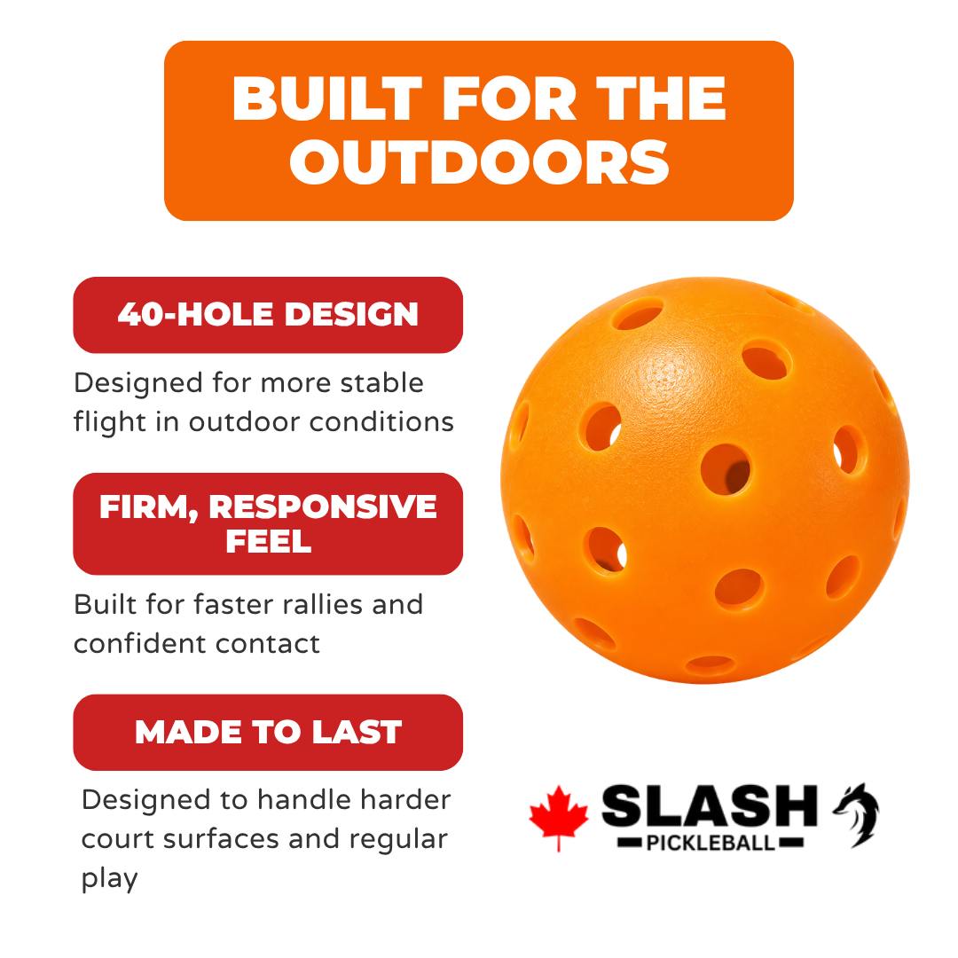Orange Slash outdoor pickleball with callouts for 40-hole design, firm responsive feel and durability