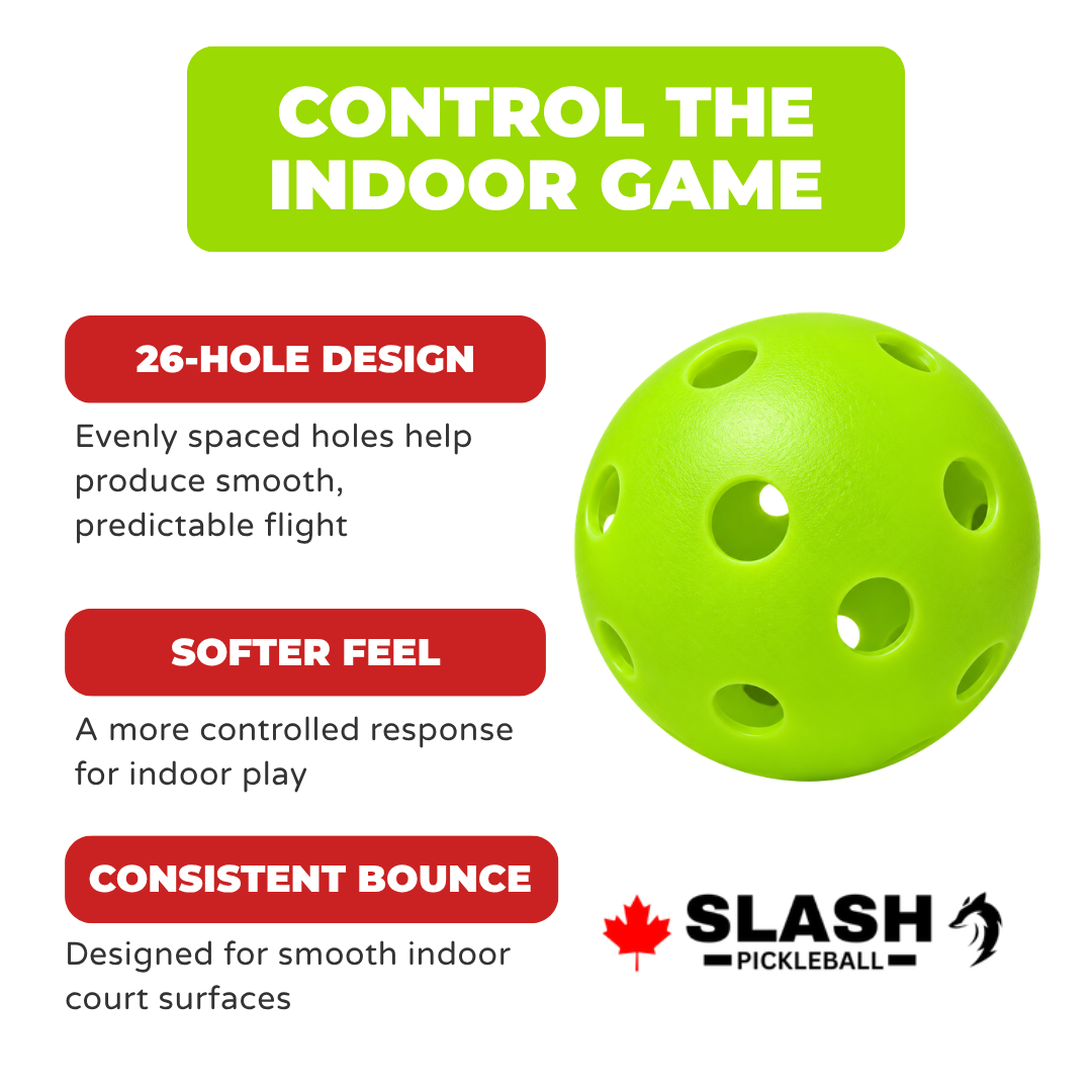 Green Slash indoor pickleball with callouts for 26-hole design, softer feel and consistent bounce