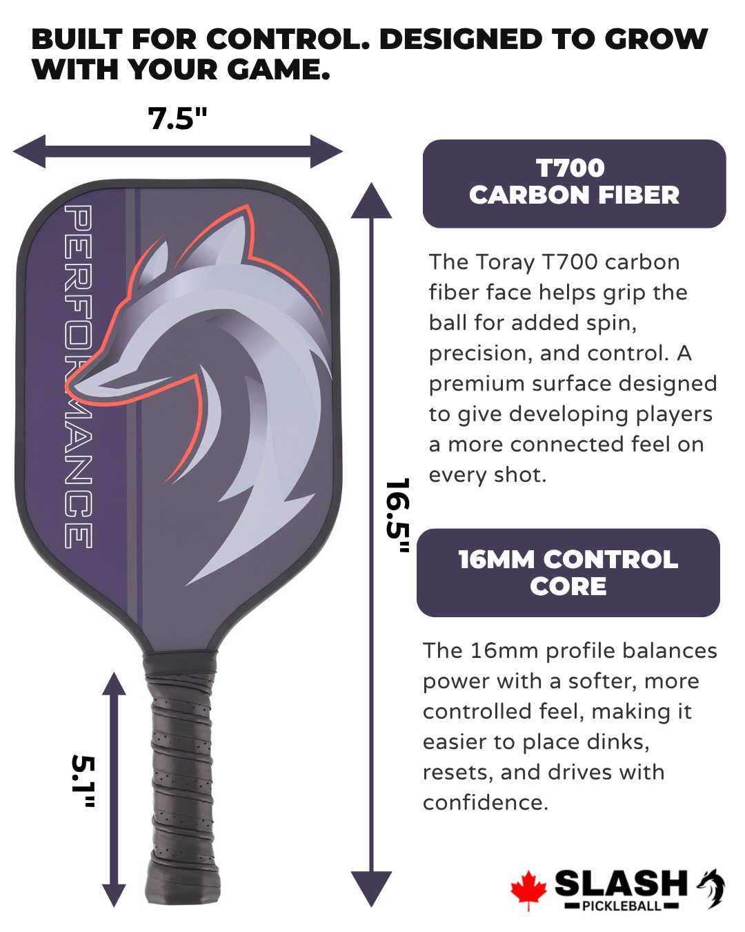 Slash Performance paddle with callouts for T700 carbon fiber face and 16mm control core, 16.5 in. long by 7.5 in. wide