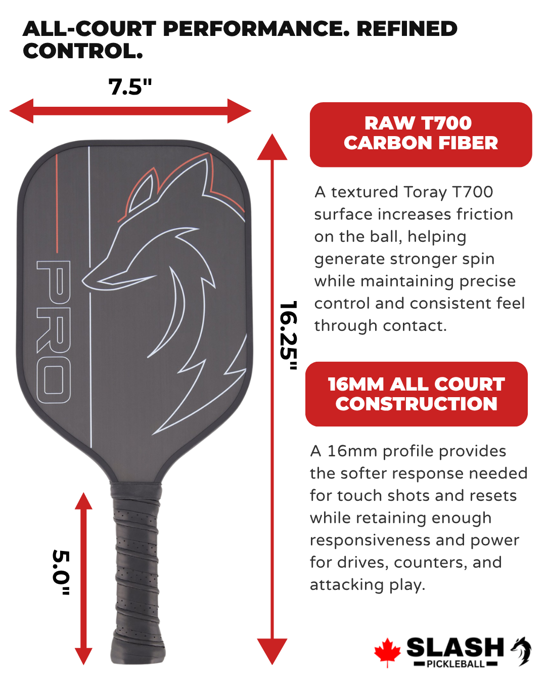 Slash Pro paddle with callouts for raw T700 carbon fiber surface and 16mm all-court core, 16.25 in. long by 7.5 in. wide