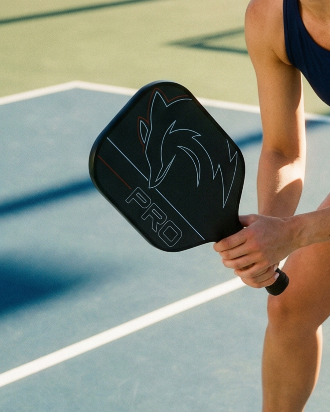 Player holding the Slash Pro paddle low at their side on a sunlit outdoor pickleball court